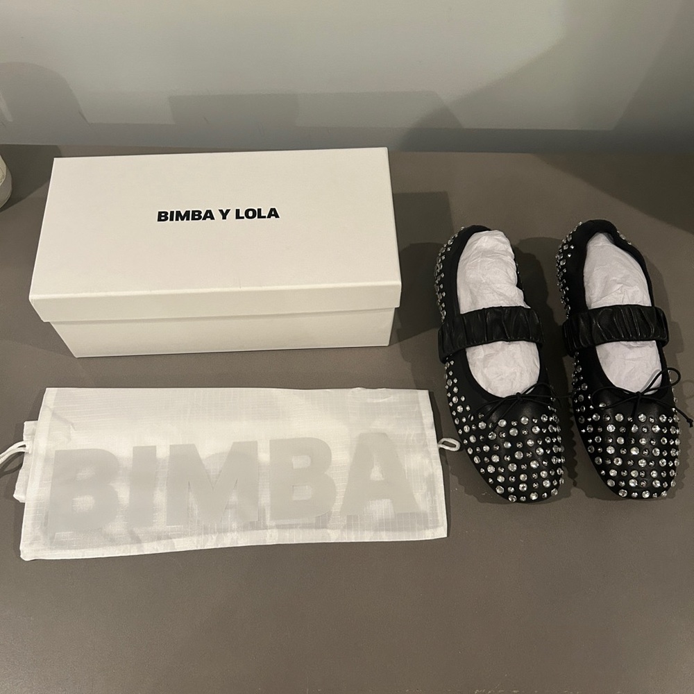 NWT BIMBA y Lola STUDDED BLACK LEATHER BALLERINA Ballet Flats size 39 - Picture 8 of 12